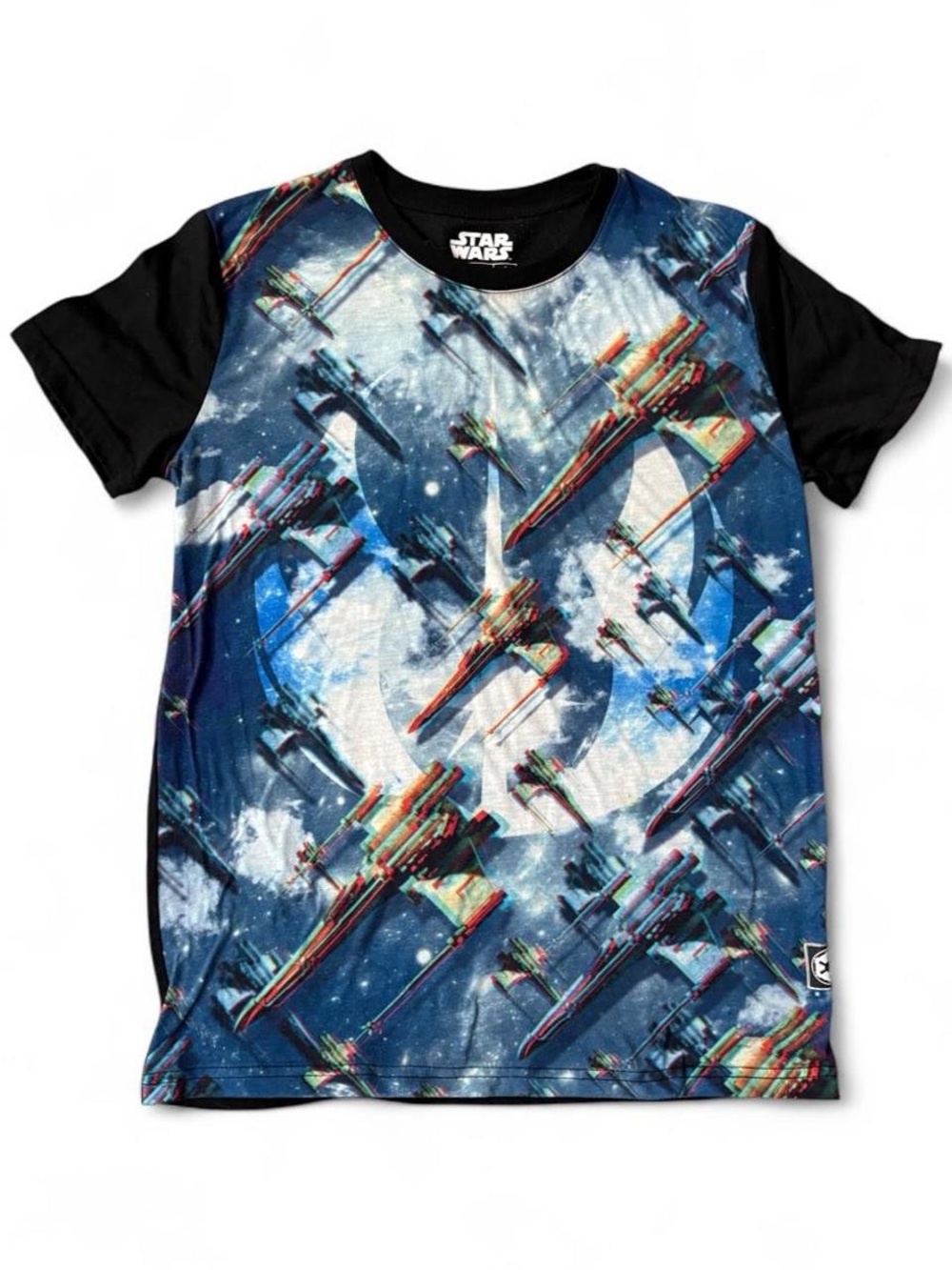 Star Wars Freegun Mens Small Shirt X Wing Fleet Glitch Graphic Rebel Crest AOP